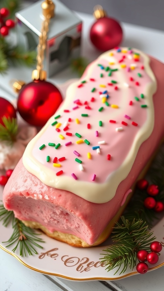 Pink Christmas Long Widget Recipe A pink Christmas long widget topped with cream cheese frosting and sprinkles, set against a festive holiday background.